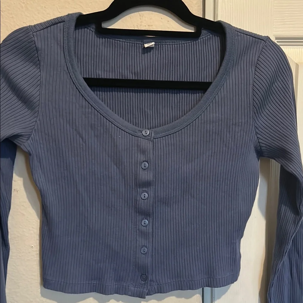 Blue Ribbed Long Sleeve Top - Picture 3 of 3